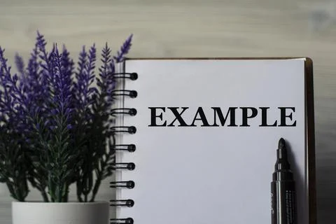 EXAMPLE - word in a notepad with a marker and a bouquet of lavender on a ligh Stock Photos