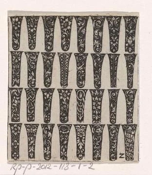 Examples of 32 small objects; Series of six ornaments for goldsmiths. Exam... Stock Photos