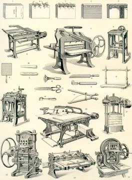 Examples Of Book Binding And Book Binding Tools And Machinery From The 18th A 스톡 사진