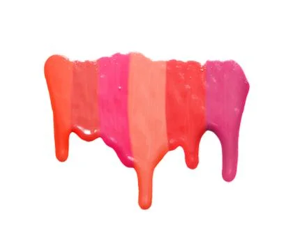 Examples of different shine lip glosses flowing downwards on a white background Stock Photos