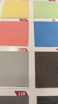 Examples of fabrics for cloth blinds for windows in the workshop Stock Photos