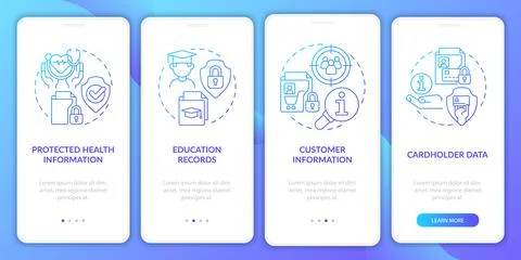 Examples of sensitive data blue gradient onboarding mobile app screen Stock Illustration