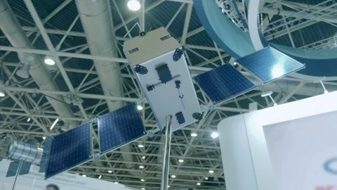 Examples of solar-powered satellites on display at the exhibition Stock Footage 330877198