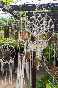 Examples of standart tree pattern knots of macrame technique made of white .. Stock Photos