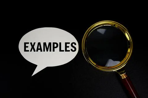 Examples text on speech bubble with magnifying glass top view on black back.. Stock Photos