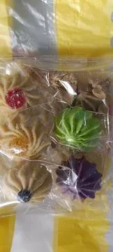 Examples of various small cookies made from sago flour Stock Photos