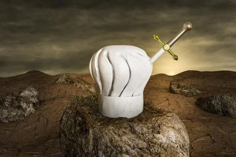 Excalibur in chef hat on stone at sunset day. Stock Illustration