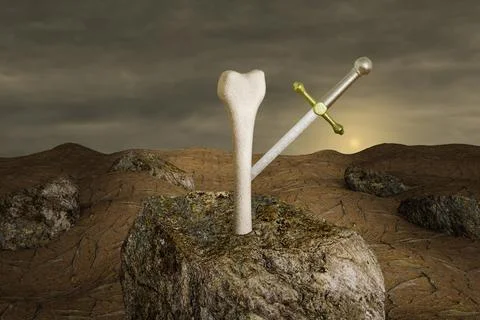 Excalibur in a human thigh bone on stone at sunset day. Strong bones and heal Stock-Illustration