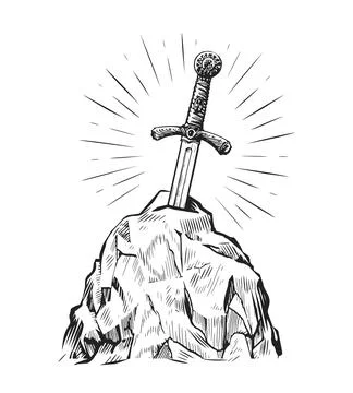 Excalibur sword in the stone. Hand drawn sketch in vintage engraving style Stock Illustration
