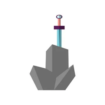 Excalibur vector flat illustration. Icon of sword, stucked in grey stone. Iconic Stock Illustration