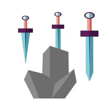 Excalibur vector flat illustration. Icon of sword, stucked in grey stone. Iconic Stock Illustration