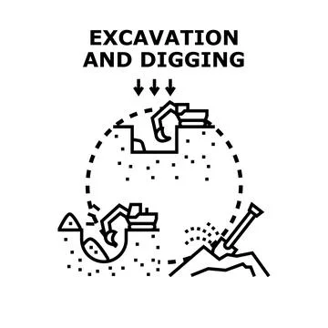 Excavation and digging process with heavy machinery and hand tools Stock Illustration