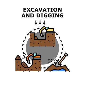 Excavation and digging process with heavy machinery and hand tools Stock Illustration