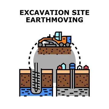 Excavation site process earthmoving equipment working Stock Illustration