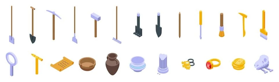 Excavation tools icons set isometric vector. Ancient inventory Illustration