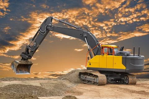 Excavator and digger working at construction site Stock Photos