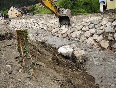 Excavator and digging in hydraulic engineering Stock Photos