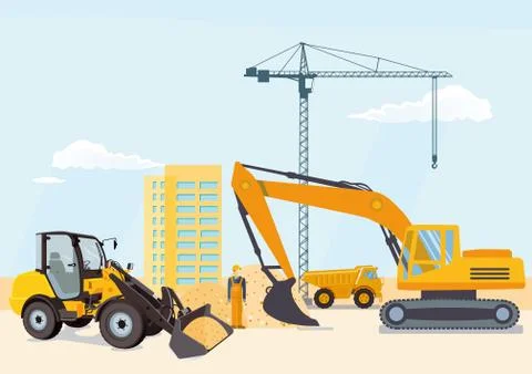 Excavator and wheel loader at the construction site Illustrazione stock
