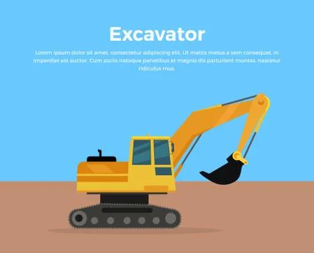 Excavator Banner Flat Design Vector Illustration Illustrazione stock