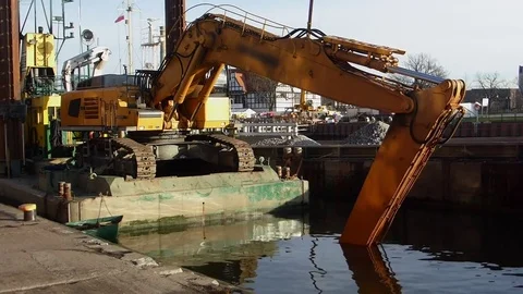 Excavator On Barge Working On River Stock Footage 72905446