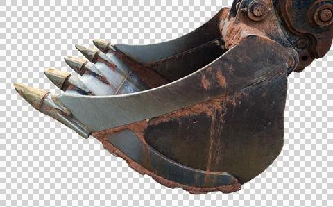 Excavator bucket with sharp teeth showing signs of wear, perfect for constr.. Stock Photos