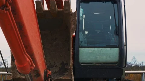 Excavator cabin close-up without driver mechanic, dirty tractor shovel waiting Video stock 166551600
