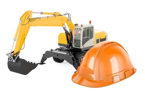 Excavator with construction hardhat, 3D rendering Stock Illustration