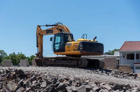 Excavator on construction work for road overpass Stock Photos