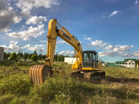 Excavator with crawler tracks on a plot of land Foto stock