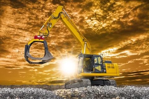 Excavator is digging on construction site Stock Photos
