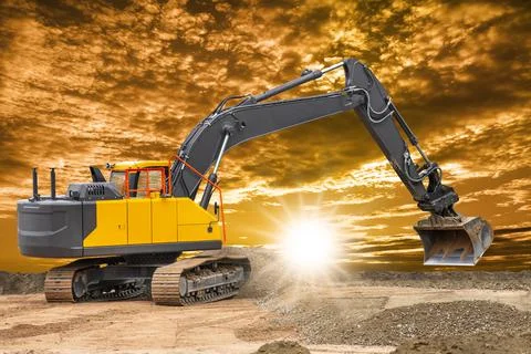 Excavator is digging on construction site Stock Photos