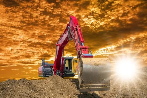 Excavator is digging on construction site Stock Photos