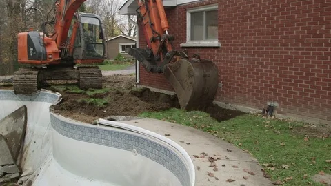 Excavator digging out foundation of house Stock Footage