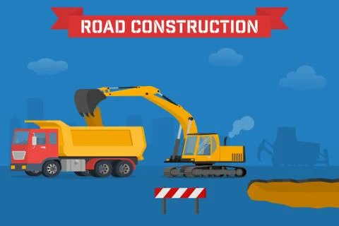 Excavator digging pit in the ground and load truck. Stock Illustration