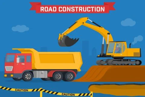 Excavator digging pit in the ground and load truck. Stock Illustration