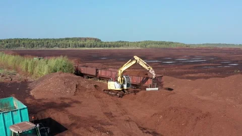 An excavator digs peat in a peat bog. Stock Footage 278042709