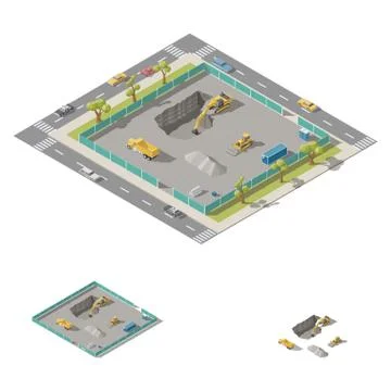 Excavator digs a pit on the construction site isometric icon set Stock Illustration