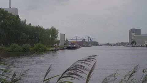 Excavator doing work on a ship in a canal (4k) Video stock 78103106
