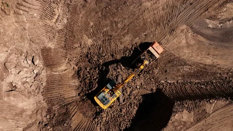 Excavator during clay mining.  mining in open pit. 스톡 동영상 203845185