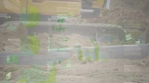 Excavator entering scooping soil dumping beside foundation, data overlay Video stock 312639393