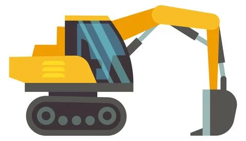 Excavator flat icon. Digging bulldozer side view Stock Illustration