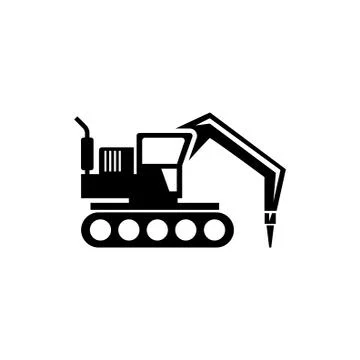 Excavator with Hammer, Drill Machine Flat Vector Icon Stock Illustration
