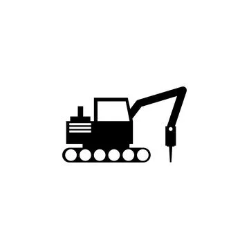 Excavator with Hammer, Drill Machine Flat Vector Icon Stock Illustration