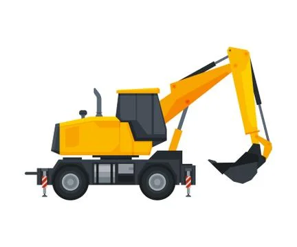 Excavator Heavy Construction Machine, Special Transport, Side View Flat Vector Stock Illustration