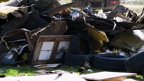 Excavator helps to clean up an illegal garbage dump Stock Footage 310053113