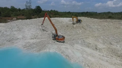 Excavator in Kaolin Mining Lake Stock Footage 152438127