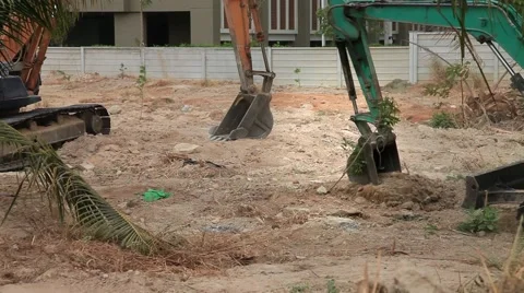 Excavator kills small tree on a construction site equates land clearing a build Stock Footage 47902198