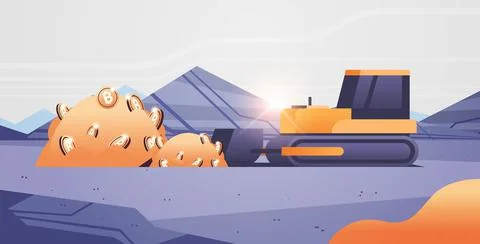 Excavator loading bitcoins mining transport golden coin digital money production Illustrazione stock