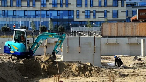 Excavator Loading Ground and Levelling Sand Building Site Stock Footage 95908345