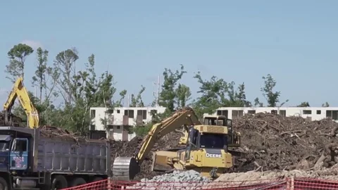 Excavator loading lorry at Debris Removal Site In Los Alamos Stock Footage 84928849